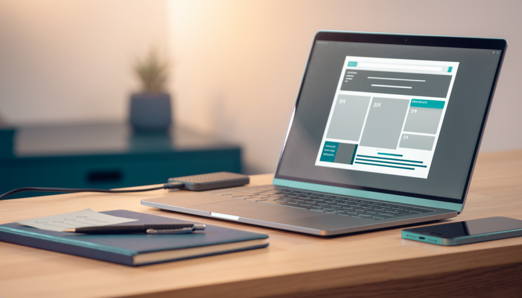 Laptopon megjelenő weboldal-elrendezés egy íróasztalon, mellette jegyzetfüzettel és mobiltelefonnal.